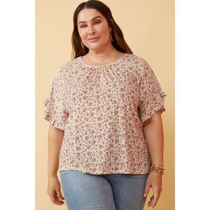 Hayden Plus Beige Floral Print Woven Round Neck Velvet Knit Ruffle Sleeve Top